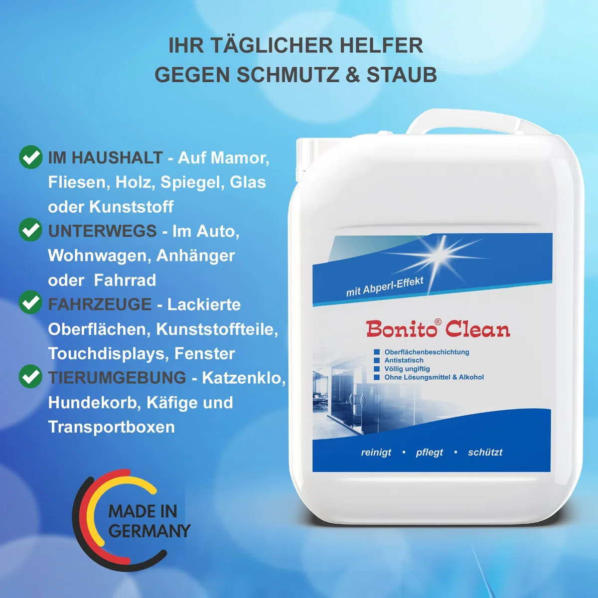 Bonito-Clean Hightech Reiniger aus der Flugzeugindustrie - für Fenster & alle glatten Oberflächen, Antistatisch, 2-in-1 Reinigung & Beschichtung, 10 Liter Kanister