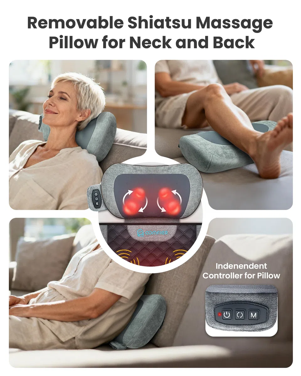 COMFIER Massagematten Ganzkörper mit Wärme, Bettmassagegerät, Geschenke | Vibration Rückenmassage Stuhl Pad mit Shiatsu-Nackenkissen 10 Vibrationsmotoren & 3 Stufen Heizmassagematte