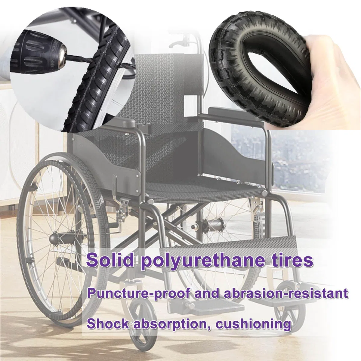 WORDFUN Rollstuhlräder Hinterrad, 24 Zoll Ersatzrollen, rutschfest, Tragfähigkeit 120kg, Verschleißfester Vollreifen, Rollstuhlreifen Pannensicher, Einfach Zu Scrollen, Schwarz, Grau, 2 Stück