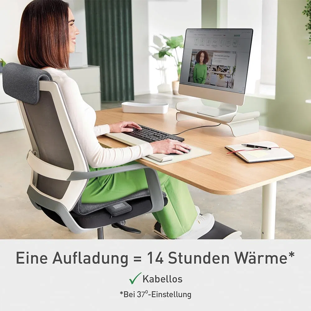 Leitz iComfi Beheizbare Sitzauflage mit Akku, Kabellose Heizauflage, 14 Stunden Akkulaufzeit, 3 Wärmestufen, Schnellaufheizung, Abschaltautomatik & abnehmbarem Bezug, Hellgrau, 130x40x8cm, 65940085