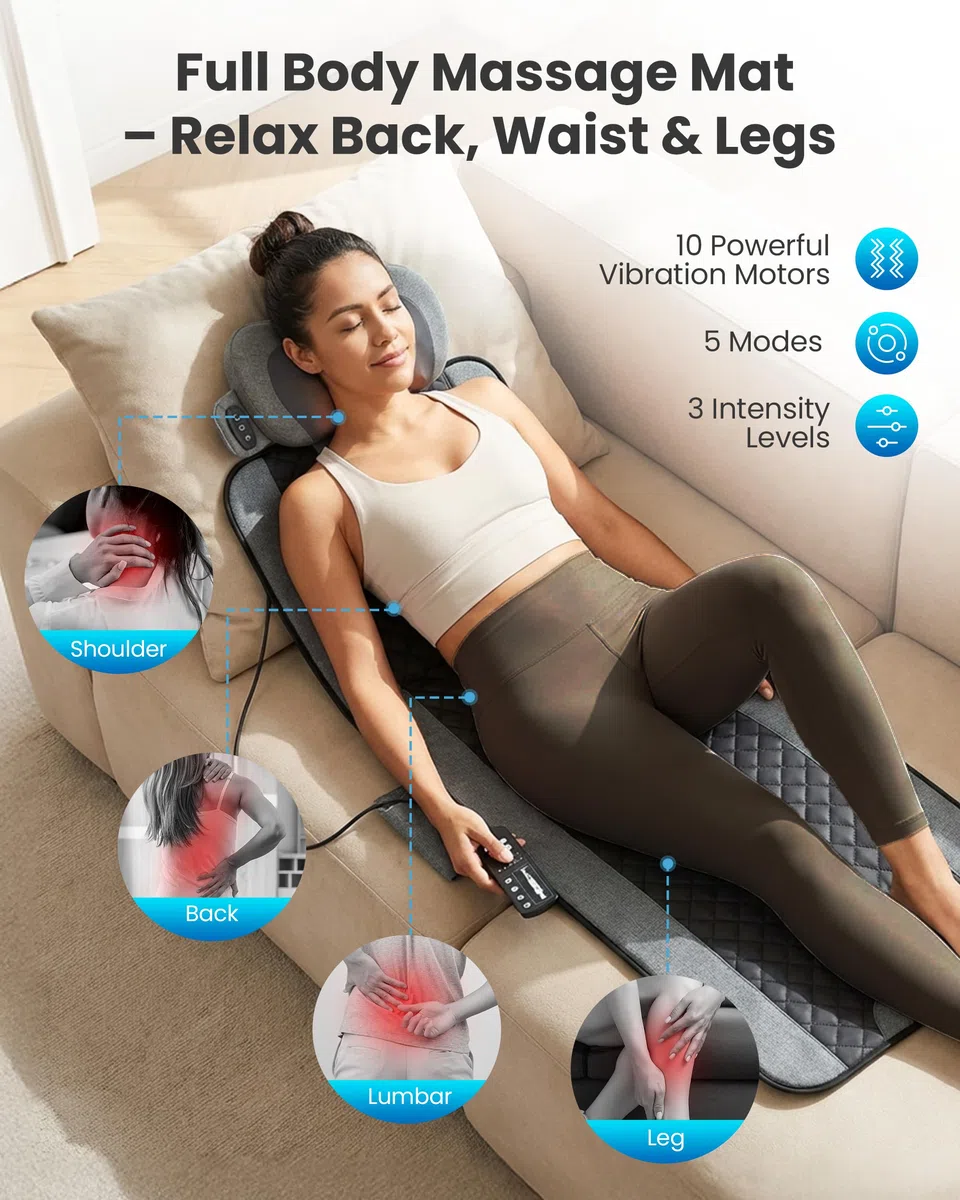 COMFIER Massagematten Ganzkörper mit Wärme, Bettmassagegerät, Geschenke | Vibration Rückenmassage Stuhl Pad mit Shiatsu-Nackenkissen 10 Vibrationsmotoren & 3 Stufen Heizmassagematte