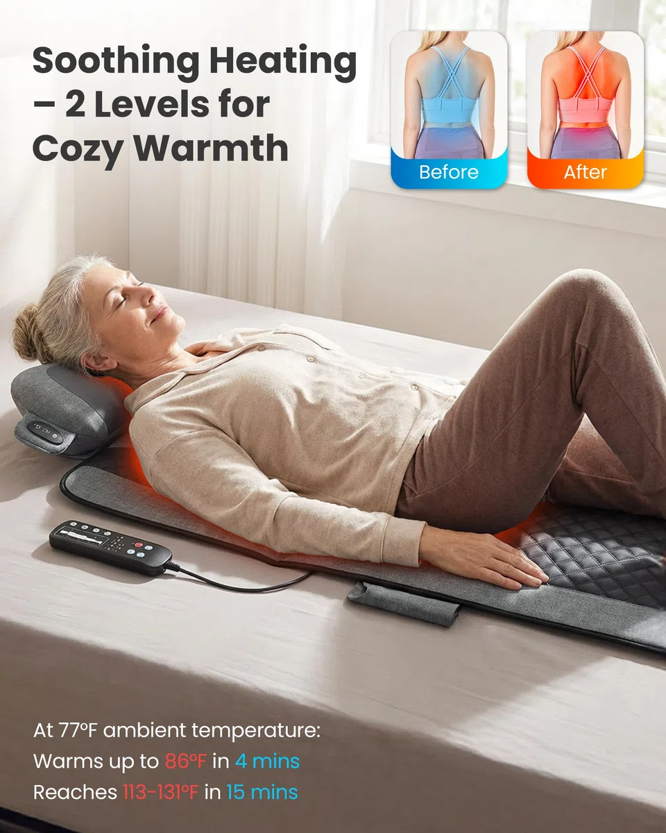 COMFIER Massagematten Ganzkörper mit Wärme, Bettmassagegerät, Geschenke | Vibration Rückenmassage Stuhl Pad mit Shiatsu-Nackenkissen 10 Vibrationsmotoren & 3 Stufen Heizmassagematte