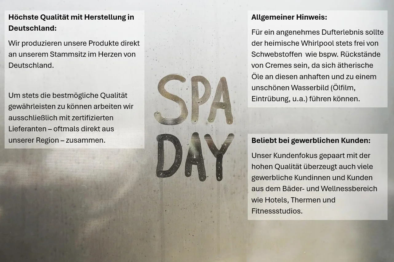 Dufte Momente | Whirlpool Duft 8 x 1 Liter - Cuba Sunset, Eukalyptus, Honig-Mandel, Kokos-Vanille, Lemongras, Orange-Citrus, Polarminze, Sandelholz | mit ätherischen Ölen