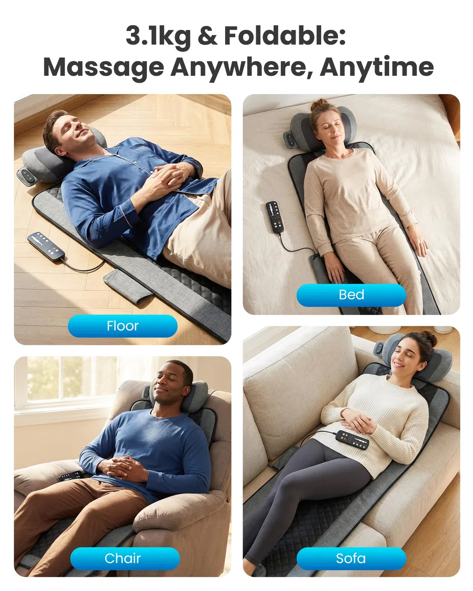 COMFIER Massagematten Ganzkörper mit Wärme, Bettmassagegerät, Geschenke | Vibration Rückenmassage Stuhl Pad mit Shiatsu-Nackenkissen 10 Vibrationsmotoren & 3 Stufen Heizmassagematte