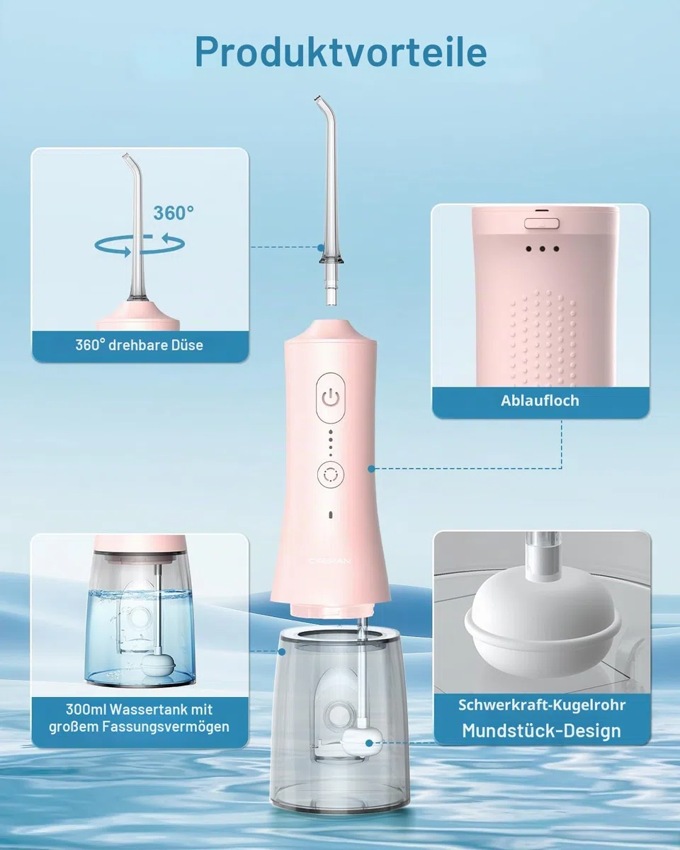 Operan Munddusche Kabellos, Tragbar Elektrische Zahnreiniger 4 Modi & 4 Düsen, 300ML Zahndusche Munddusche Testsieger Zahndusche für Entfernt Speisereste und Reinigt Die Zähne (Pink, 1Pack)
