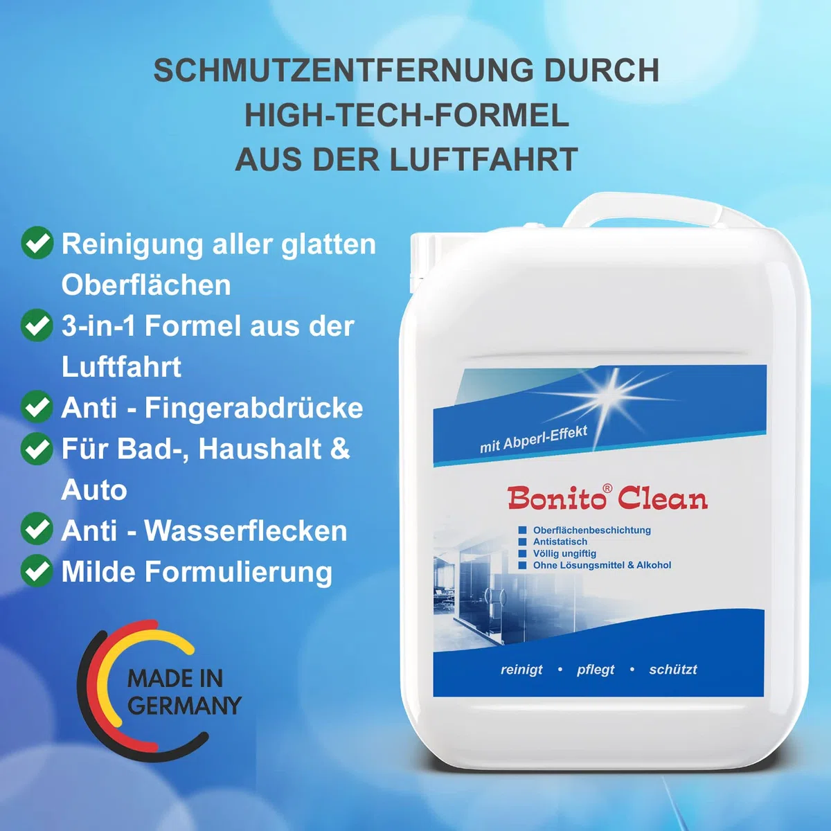 Bonito-Clean Hightech Reiniger aus der Flugzeugindustrie - für Fenster & alle glatten Oberflächen, Antistatisch, 2-in-1 Reinigung & Beschichtung, 10 Liter Kanister