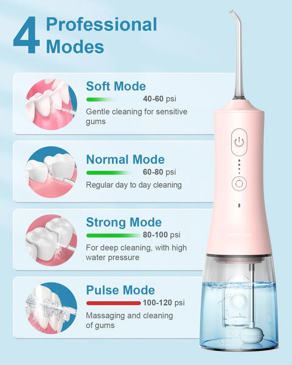 Operan Munddusche Kabellos, Tragbar Elektrische Zahnreiniger 4 Modi & 4 Düsen, 300ML Zahndusche Munddusche Testsieger Zahndusche für Entfernt Speisereste und Reinigt Die Zähne (Pink, 1Pack)