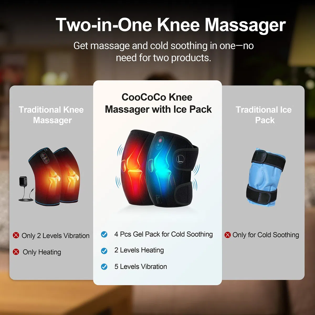 CooCoCo Kniemassagegerät mit Wärme, Vibration Kniemassage mit Heizkissen Therapie für Kniegelenk Schmerzen Arthritis Schmerzlinderung, 3 in 1 Schulter Ellenbogen Knie und Bein Massagegerät, Geschenke