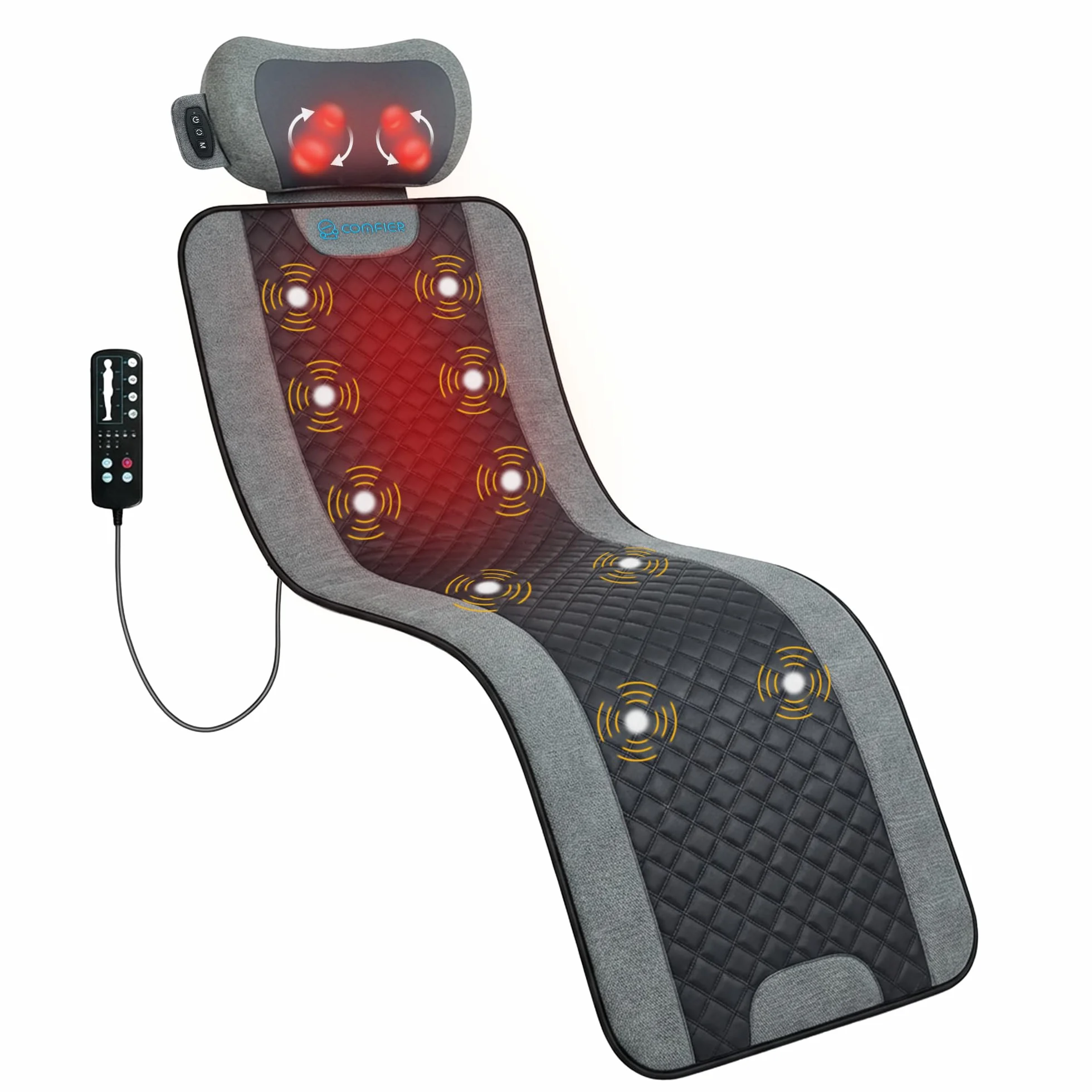COMFIER Massagematten Ganzkörper mit Wärme, Bettmassagegerät, Geschenke | Vibration Rückenmassage Stuhl Pad mit Shiatsu-Nackenkissen 10 Vibrationsmotoren & 3 Stufen Heizmassagematte