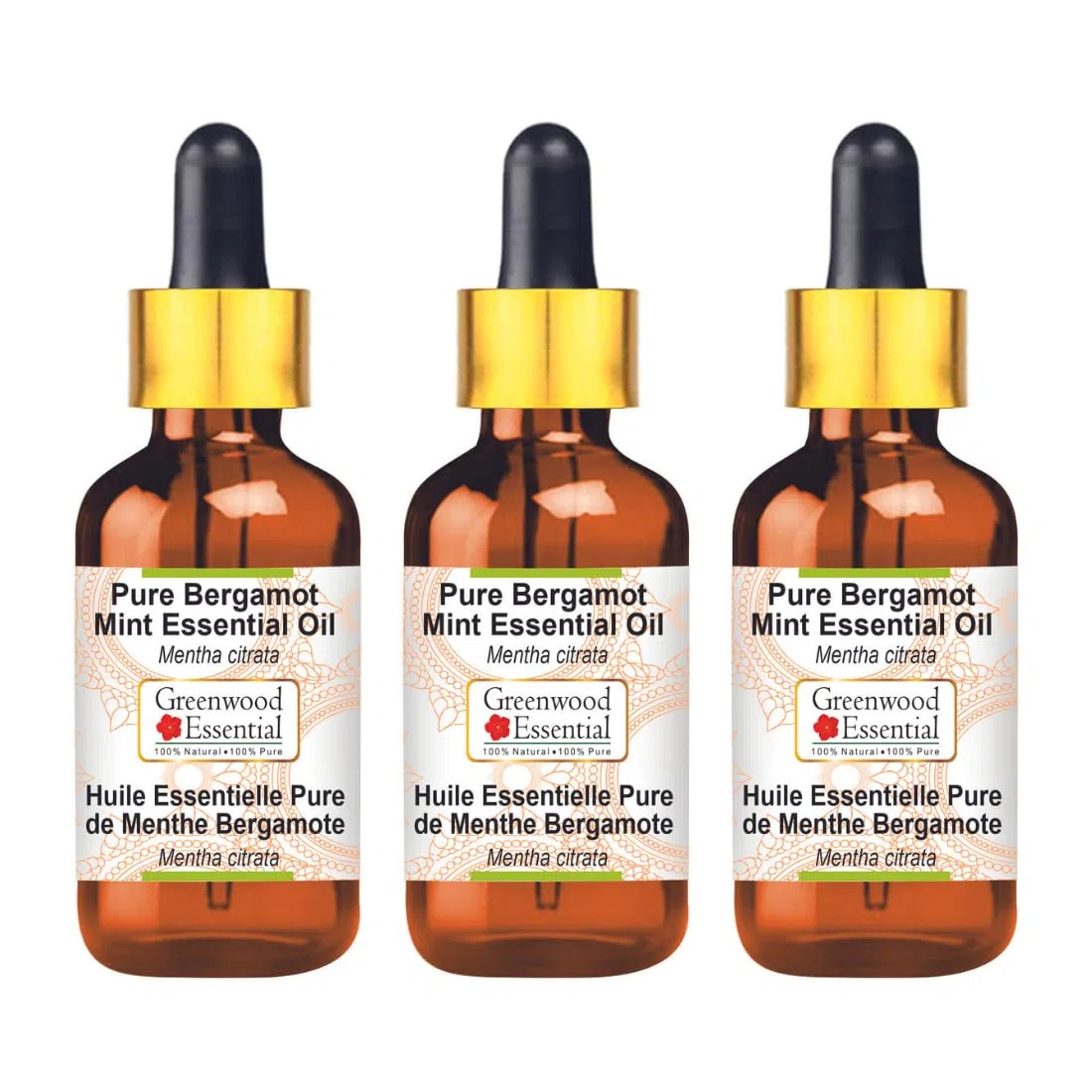 Greenwood Essential Naturreine Ätherisches Bergamotte-Minze-Öl (Mentha citrata) mit Glas Tropfer Dampfdestilliert 100ml X 3 (10 oz)