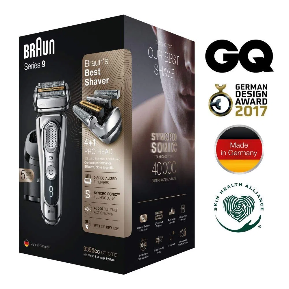 Braun Series 9 9395cc Elektrorasierer für Herren, verbesserte Reinigungs- und Ladestation, Ledertasche, Elektrorasierer für Nass- und Trockenheit, Präzisionstrimmer, verchromt | 1er Pack